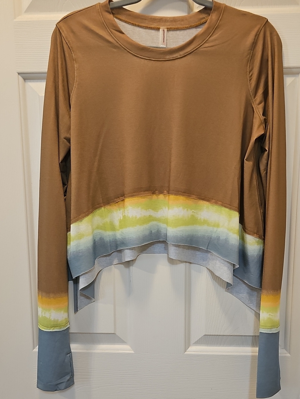 NWOT S FP Movement Tempo UV Protection Top In Camel w/ Yellow/Blue Ombre Hem